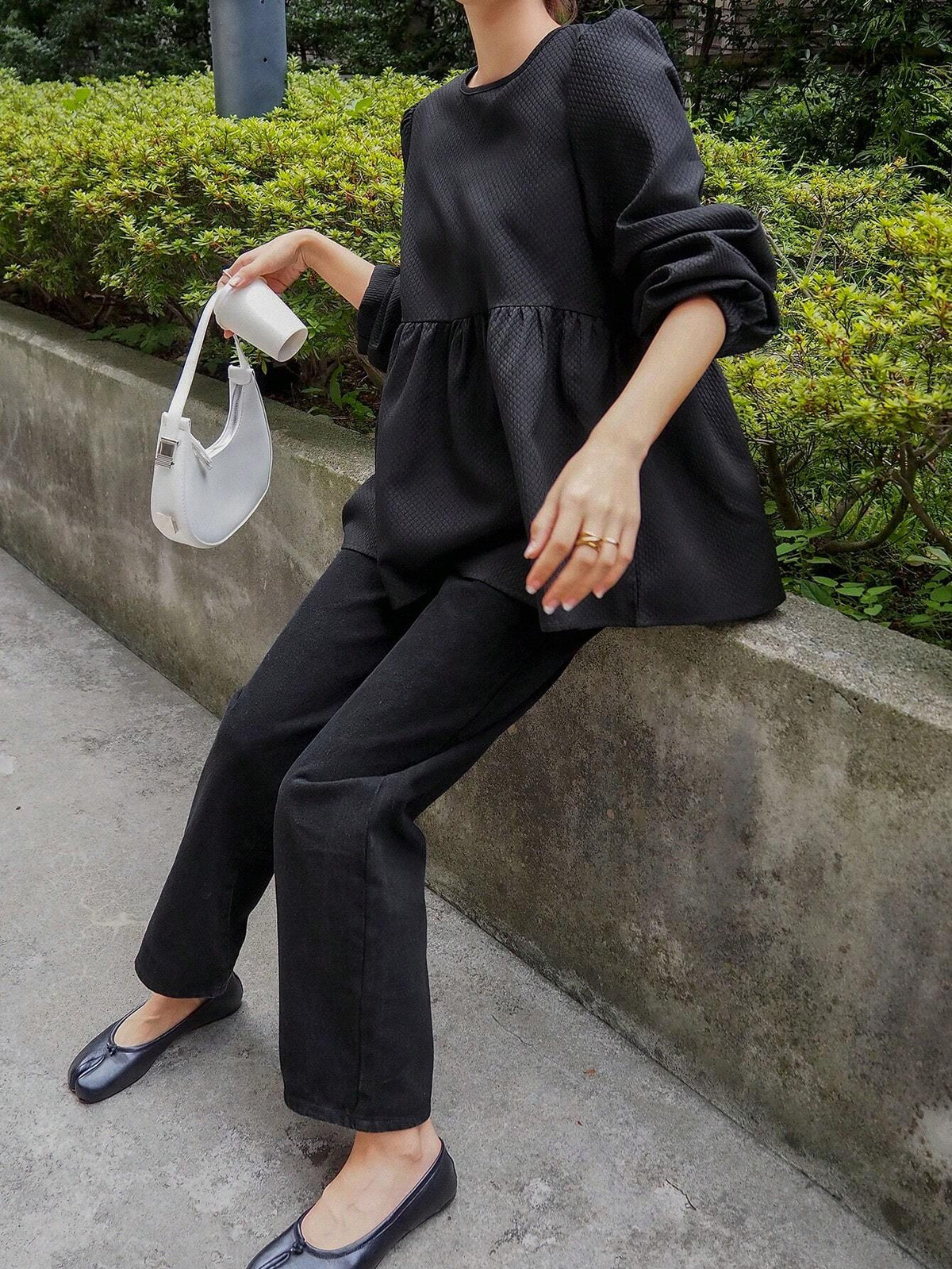 FRIFUL Women Spring Summer Plain Round Neck Ruffle Hem Tie Waist Blouse