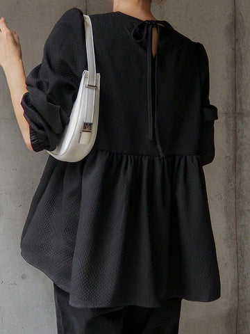 FRIFUL Women Spring Summer Plain Round Neck Ruffle Hem Tie Waist Blouse