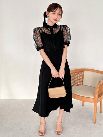 FRIFUL Women Summer Lace Patchwork Short Bubble Sleeve Blouse And Long Camisole Dress Two Piece Set