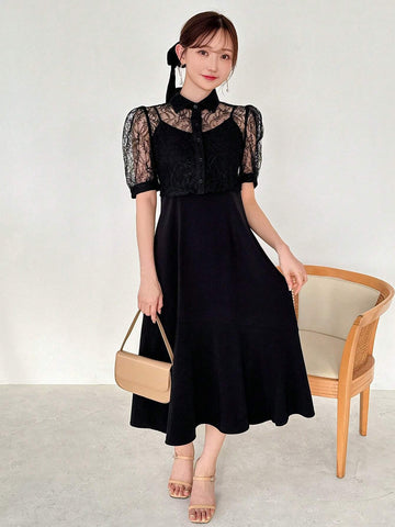 FRIFUL Women Summer Lace Patchwork Short Bubble Sleeve Blouse And Long Camisole Dress Two Piece Set