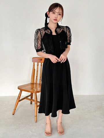 FRIFUL Women Summer Lace Patchwork Short Bubble Sleeve Blouse And Long Camisole Dress Two Piece Set