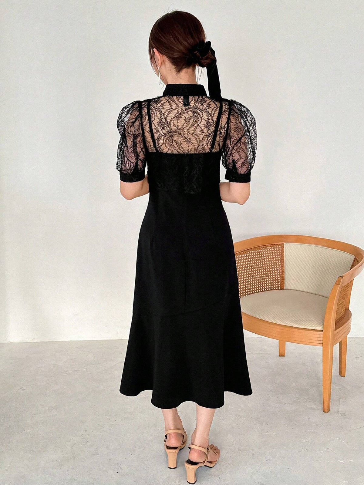 FRIFUL Women Summer Lace Patchwork Short Bubble Sleeve Blouse And Long Camisole Dress Two Piece Set