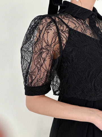 FRIFUL Women Summer Lace Patchwork Short Bubble Sleeve Blouse And Long Camisole Dress Two Piece Set