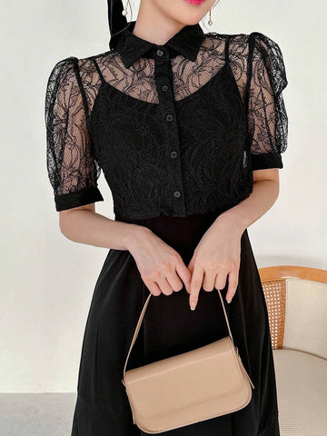 FRIFUL Women Summer Lace Patchwork Short Bubble Sleeve Blouse And Long Camisole Dress Two Piece Set