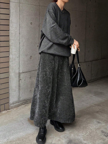 FRIFUL Women Velvet Solid Color High Waist A-Line Skirt, Autumn/Winter