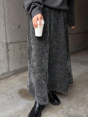 FRIFUL Women Velvet Solid Color High Waist A-Line Skirt, Autumn/Winter