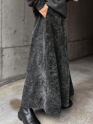 FRIFUL Women Velvet Solid Color High Waist A-Line Skirt, Autumn/Winter