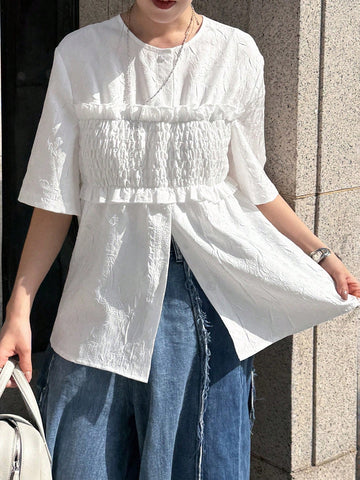 FRIFUL Women's 2 In 1 Bustier Patchwork Round Neck Loose Short Sleeve Shirt, Summer