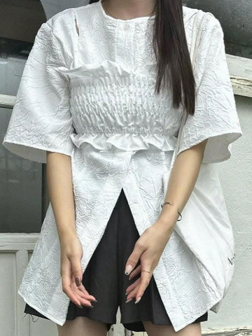 FRIFUL Women's 2 In 1 Bustier Patchwork Round Neck Loose Short Sleeve Shirt, Summer