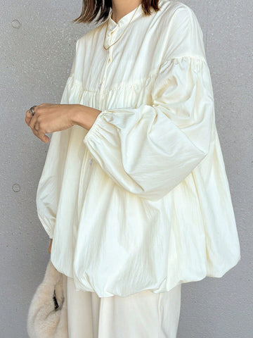 FRIFUL Women's Apricot Peplum Hem Lantern Sleeve Blouse, Spring