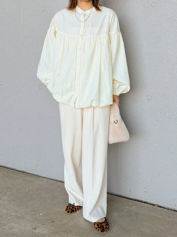 FRIFUL Women's Apricot Peplum Hem Lantern Sleeve Blouse, Spring