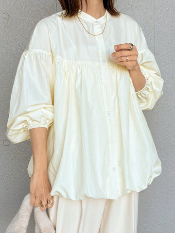 FRIFUL Women's Apricot Peplum Hem Lantern Sleeve Blouse, Spring