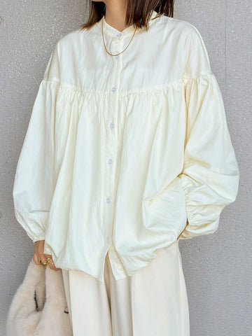 FRIFUL Women's Apricot Peplum Hem Lantern Sleeve Blouse, Spring