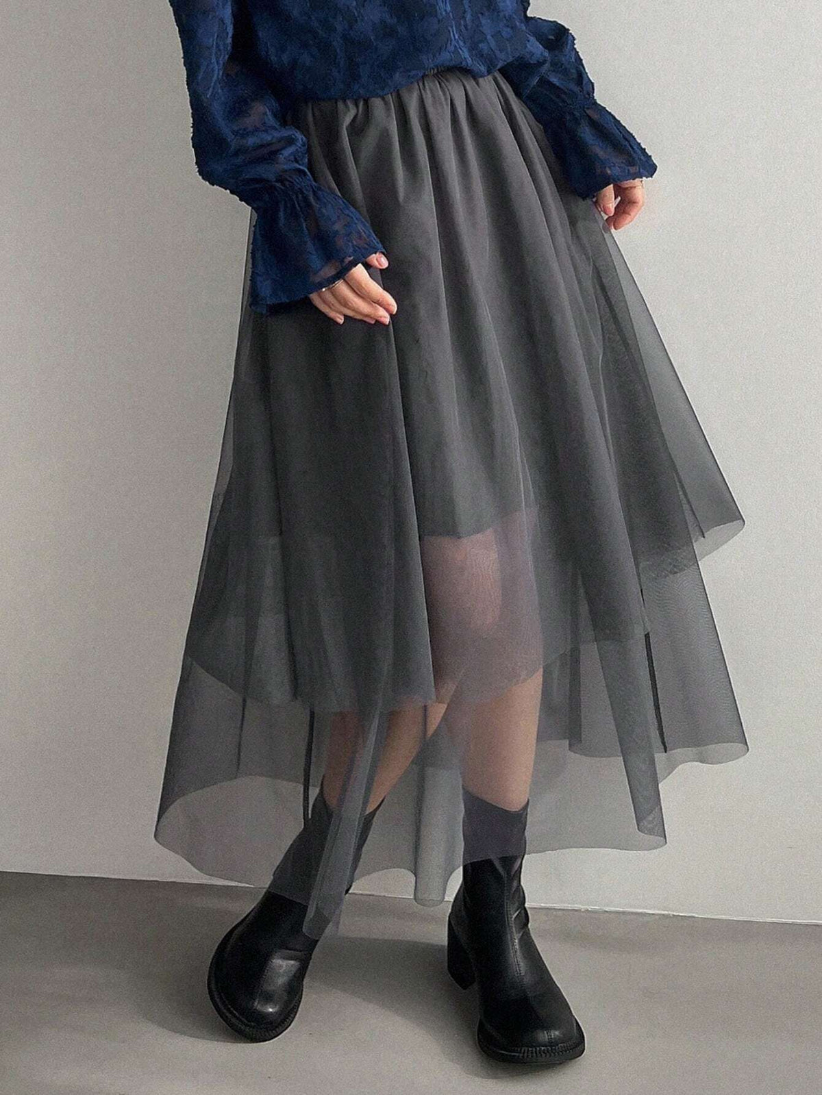 FRIFUL Women's Asymmetric Hem Dark Grey Tulle Skirt