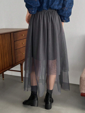 FRIFUL Women's Asymmetric Hem Dark Grey Tulle Skirt
