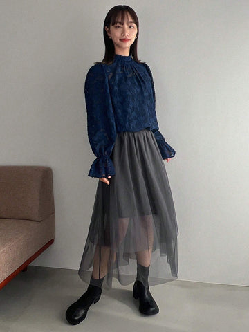 FRIFUL Women's Asymmetric Hem Dark Grey Tulle Skirt