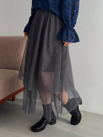 FRIFUL Women's Asymmetric Hem Dark Grey Tulle Skirt