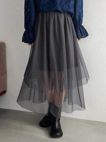 FRIFUL Women's Asymmetric Hem Dark Grey Tulle Skirt
