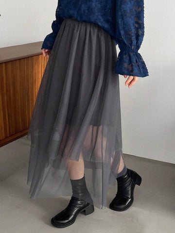 FRIFUL Women's Asymmetric Hem Dark Grey Tulle Skirt
