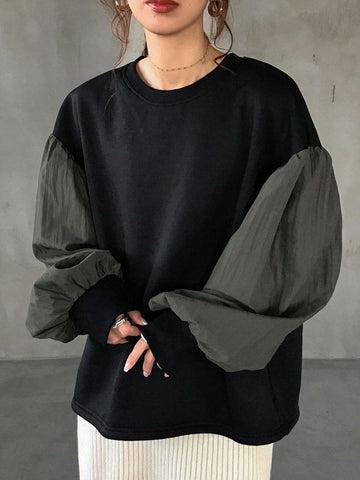 FRIFUL Women's Autumn Round Neck Drop Shoulder Long Sleeve Contrast Color Loose Shirt