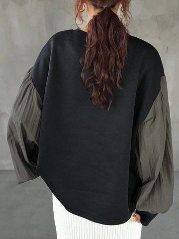 FRIFUL Women's Autumn Round Neck Drop Shoulder Long Sleeve Contrast Color Loose Shirt