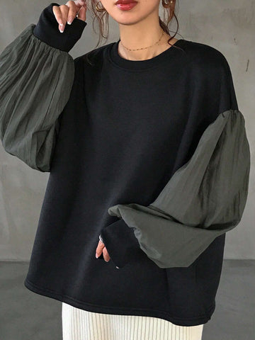 FRIFUL Women's Autumn Round Neck Drop Shoulder Long Sleeve Contrast Color Loose Shirt