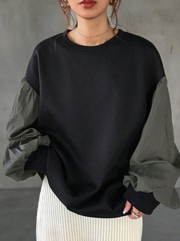 FRIFUL Women's Autumn Round Neck Drop Shoulder Long Sleeve Contrast Color Loose Shirt