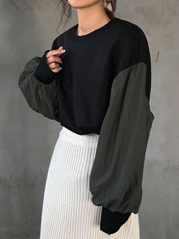 FRIFUL Women's Autumn Round Neck Drop Shoulder Long Sleeve Contrast Color Loose Shirt