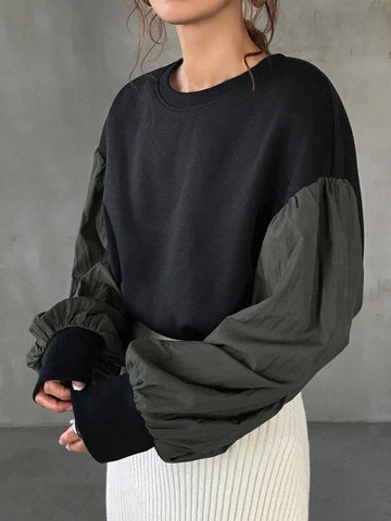 FRIFUL Women's Autumn Round Neck Drop Shoulder Long Sleeve Contrast Color Loose Shirt