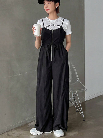 FRIFUL Women's Basic Solid Color Daily Jumpsuit With Spaghetti Straps