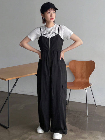 FRIFUL Women's Basic Solid Color Daily Jumpsuit With Spaghetti Straps