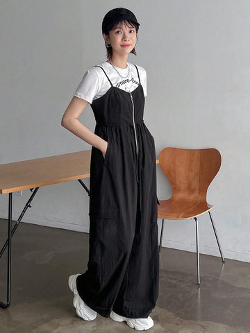 FRIFUL Women's Basic Solid Color Daily Jumpsuit With Spaghetti Straps