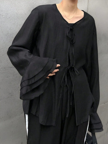 FRIFUL Women's Black Loose Flare Sleeve Cardigan