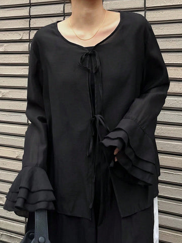 FRIFUL Women's Black Loose Flare Sleeve Cardigan