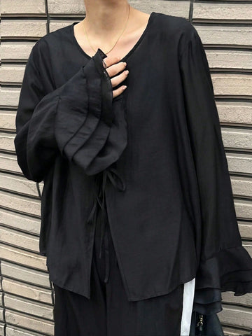 FRIFUL Women's Black Loose Flare Sleeve Cardigan