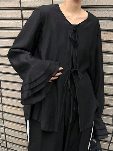 FRIFUL Women's Black Loose Flare Sleeve Cardigan