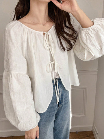 FRIFUL Women's Bow-Tie Loose Short Linen Shirt