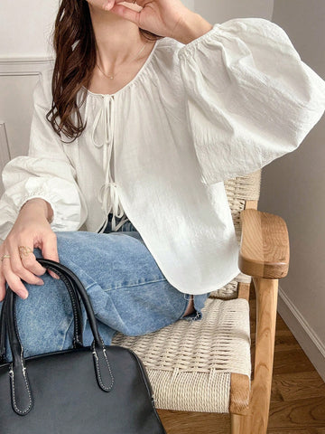 FRIFUL Women's Bow-Tie Loose Short Linen Shirt