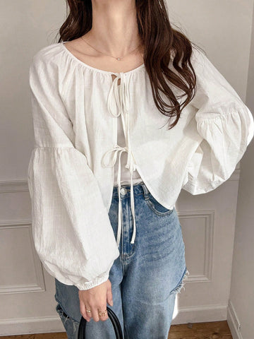 FRIFUL Women's Bow-Tie Loose Short Linen Shirt