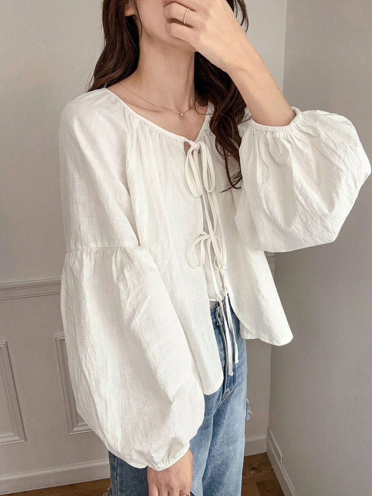 FRIFUL Women's Bow-Tie Loose Short Linen Shirt