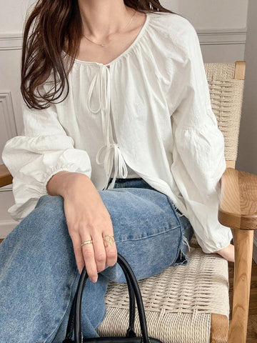 FRIFUL Women's Bow-Tie Loose Short Linen Shirt