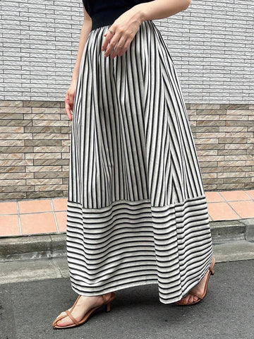 FRIFUL Women's Casual Color Block Striped Long Skirt, Spring/Summer