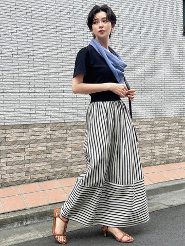 FRIFUL Women's Casual Color Block Striped Long Skirt, Spring/Summer