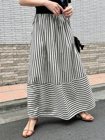 FRIFUL Women's Casual Color Block Striped Long Skirt, Spring/Summer
