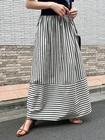 FRIFUL Women's Casual Color Block Striped Long Skirt, Spring/Summer