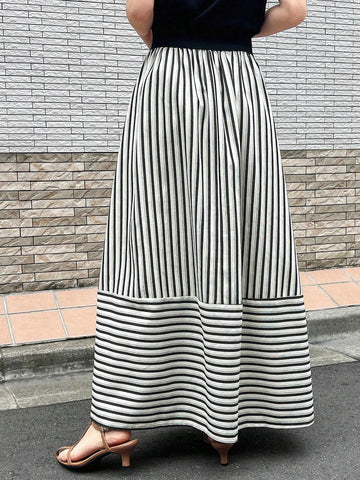 FRIFUL Women's Casual Color Block Striped Long Skirt, Spring/Summer