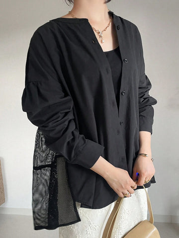 FRIFUL Women's Casual Mesh Patchwork Loose Fit Blouse For Autumn