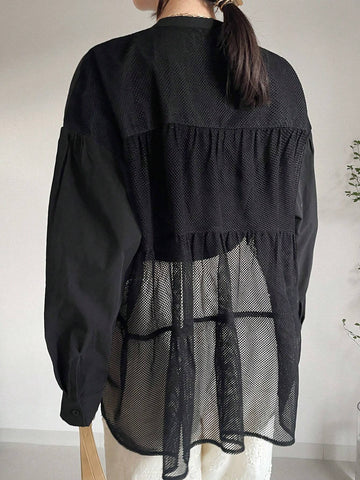 FRIFUL Women's Casual Mesh Patchwork Loose Fit Blouse For Autumn
