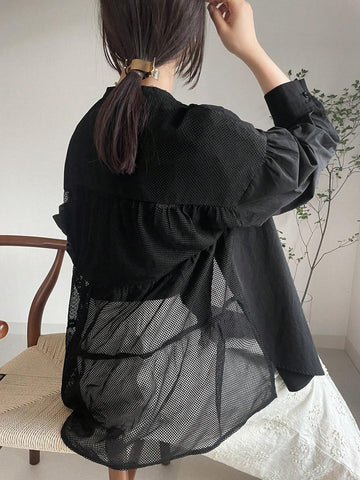 FRIFUL Women's Casual Mesh Patchwork Loose Fit Blouse For Autumn