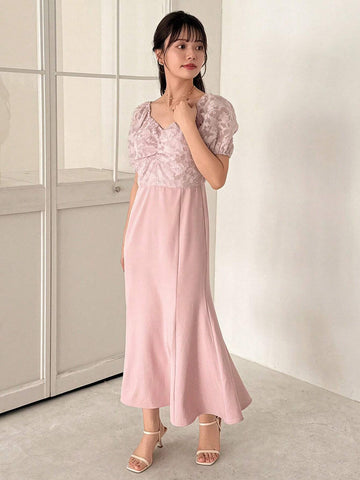 FRIFUL Women's Casual Mid-Length Floral Cutout & Pleated Dress With Drawstring Waist For Summer